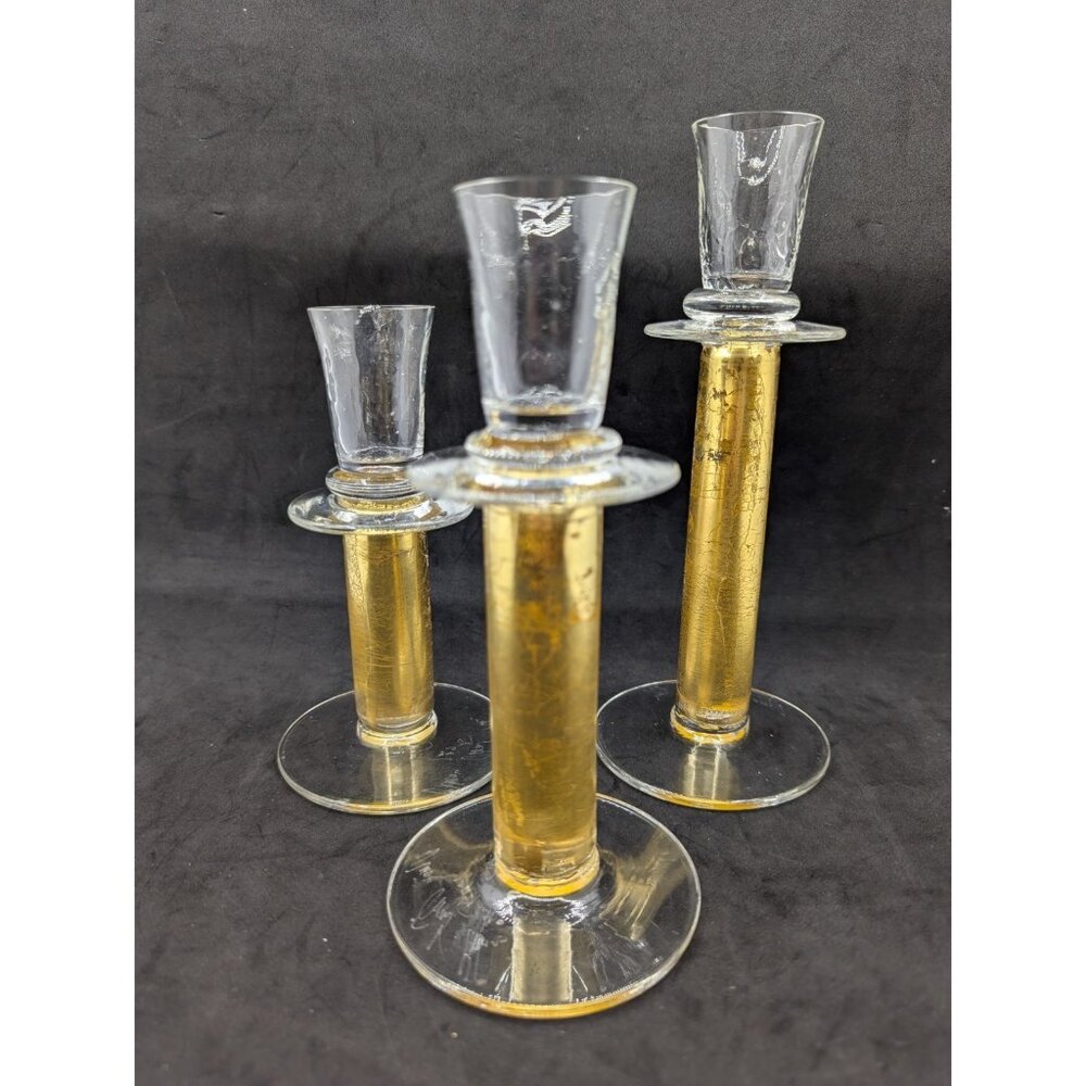 3 Union Street Gold Gilt Art Glass Candlesticks | Modern Heritage Luxe Trio